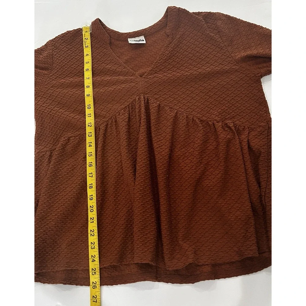 Y2K Babydoll Tunic Top Size XL Boho Peasant Puff Sleeve Burnt Orange Waffle Knit